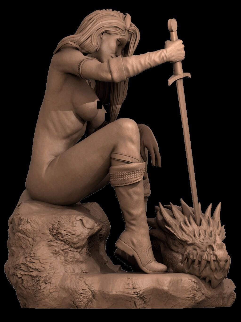Red Sonya 3D Printed Collectible Statue - Dynamic Fantasy Warrior Figure with NSFW Option