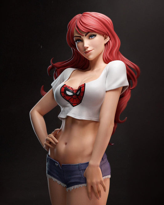 a woman with red hair and a white shirt