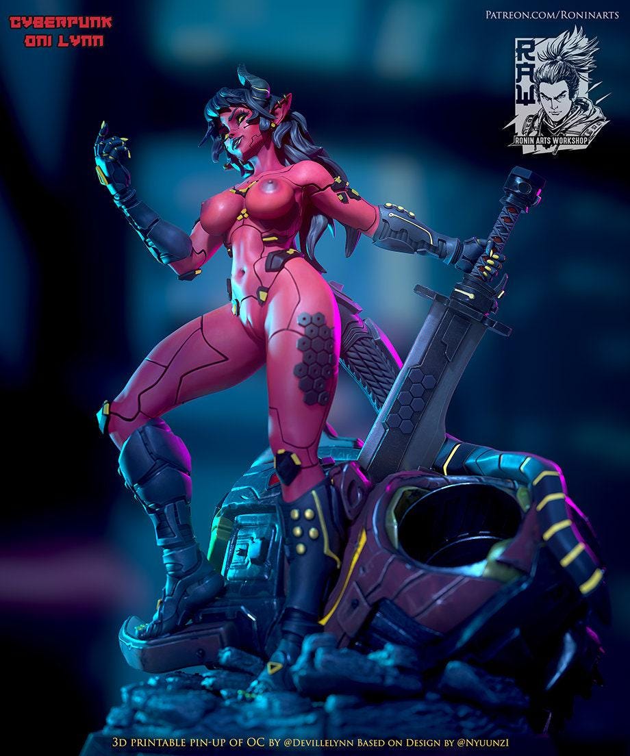 Pinup Cyberpunk Lynn NSFW 3D Printed Statue – Mature Neon Pin-Up Resin Collectible, Made to Order for Adult Collectors