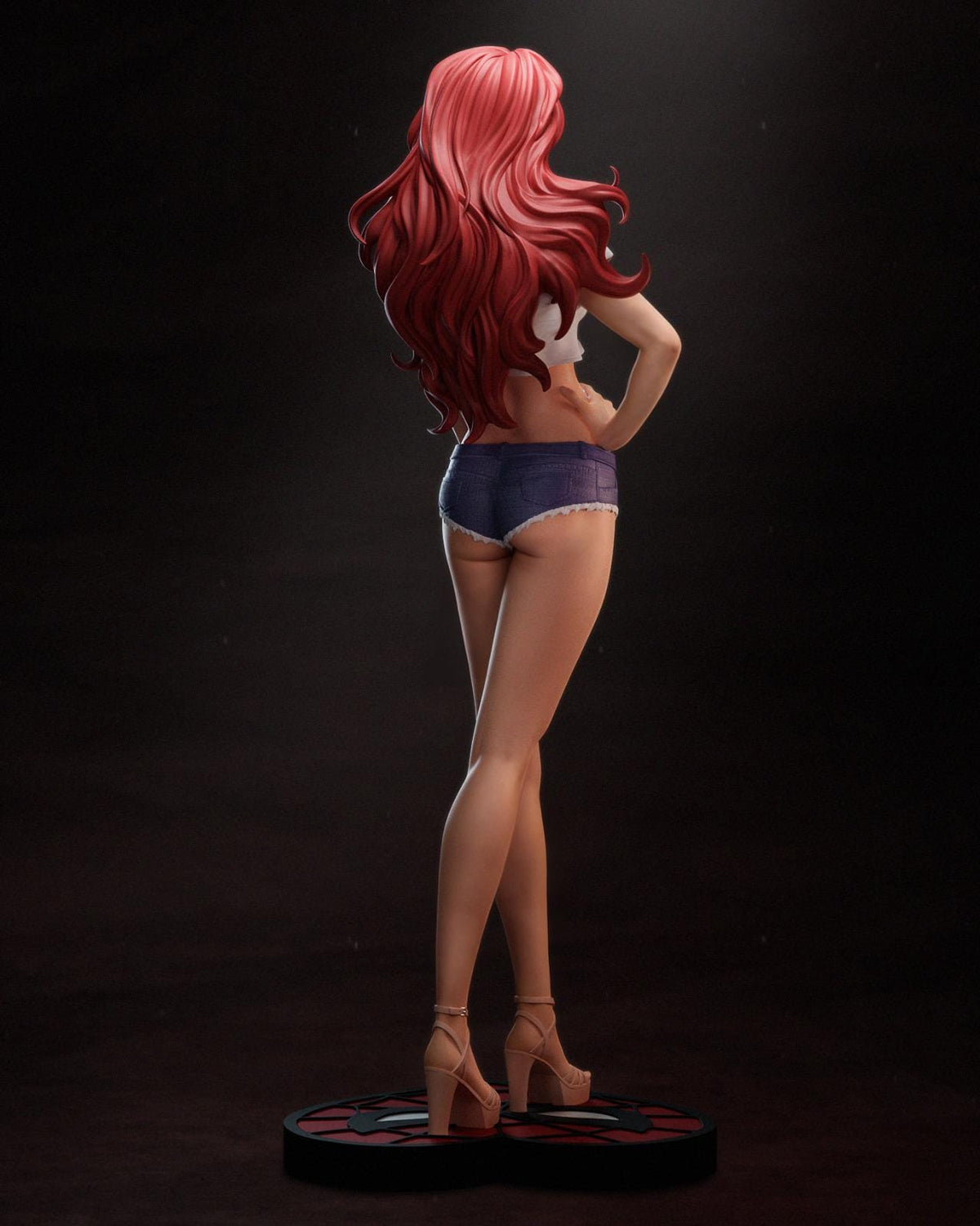 a woman with long red hair is standing on a black surface