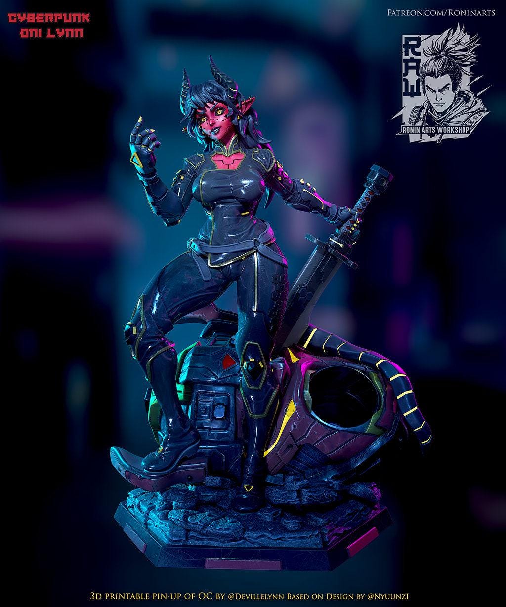 Pinup Cyberpunk Lynn NSFW 3D Printed Statue – Mature Neon Pin-Up Resin Collectible, Made to Order for Adult Collectors