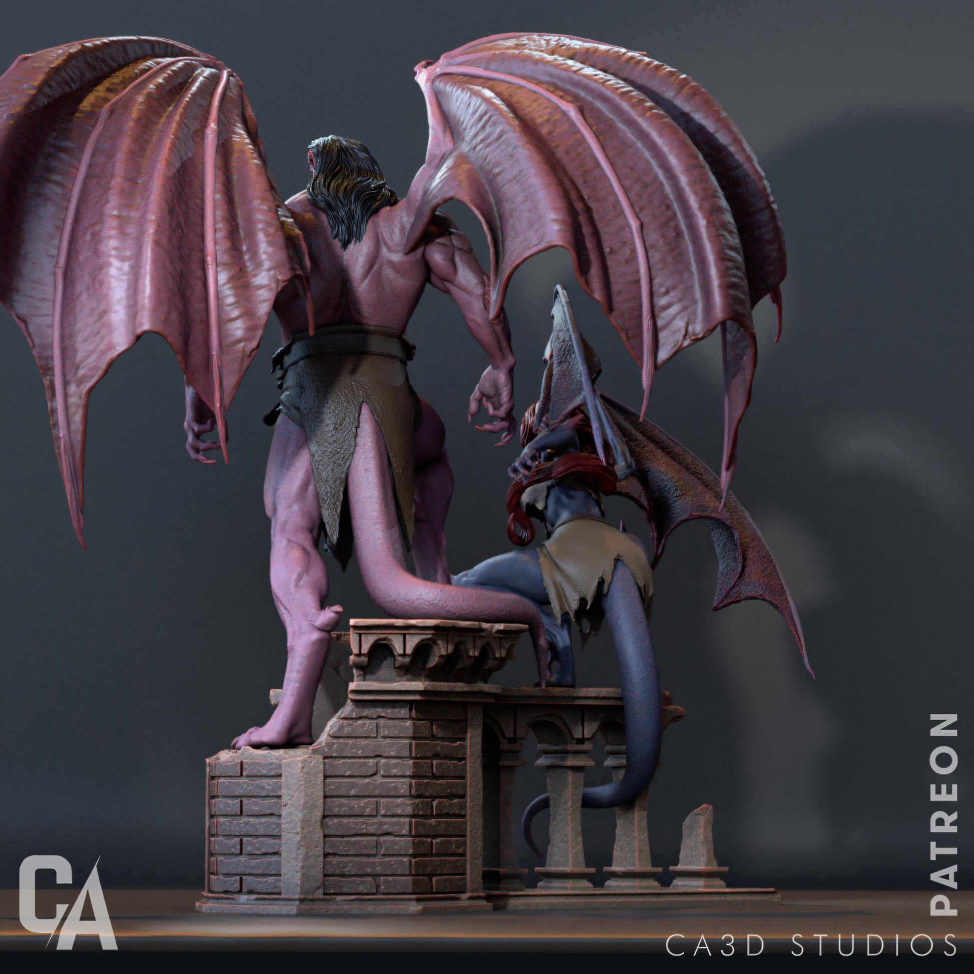 a statue of a demon and a demon on a pedestal
