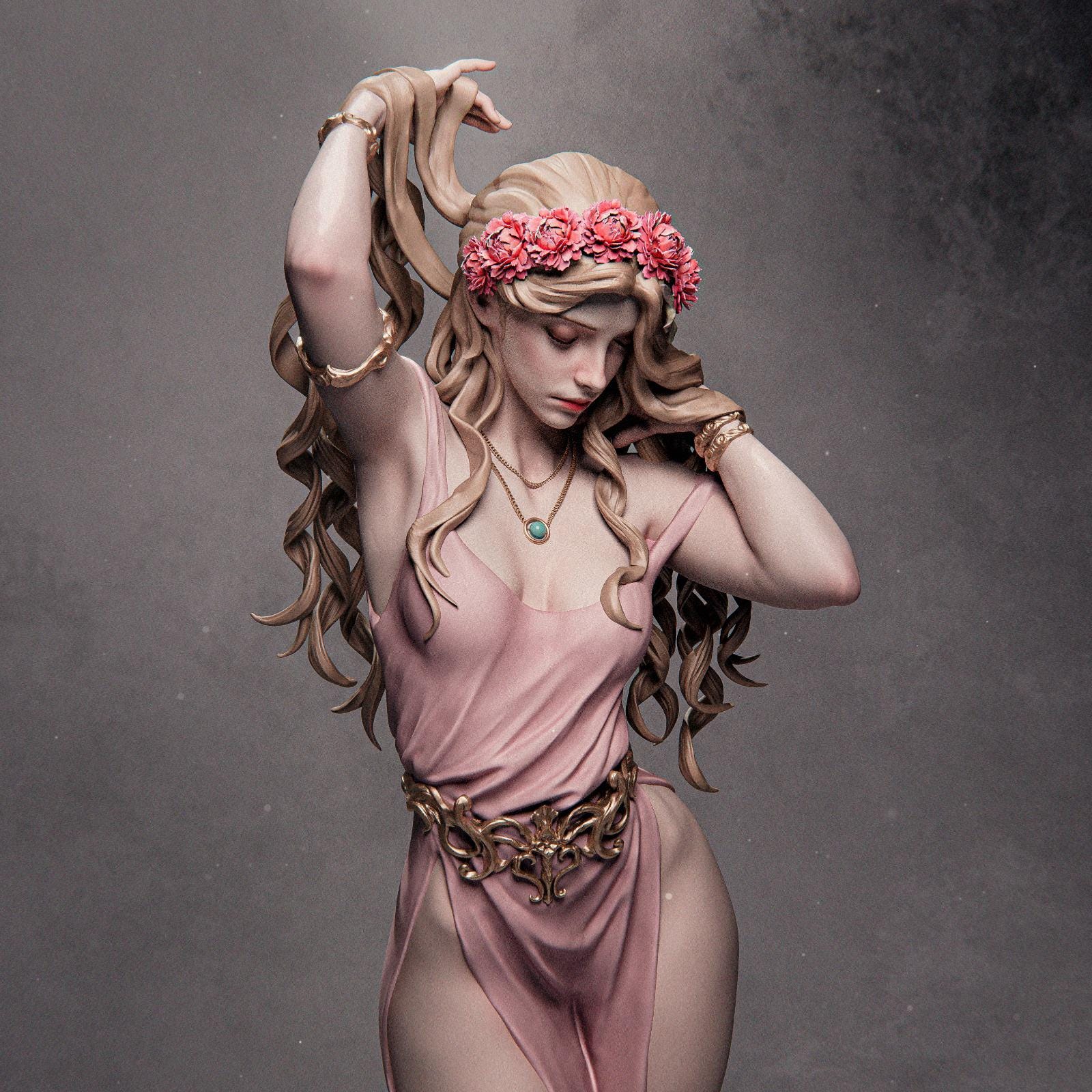 a statue of a woman in a pink bodysuit