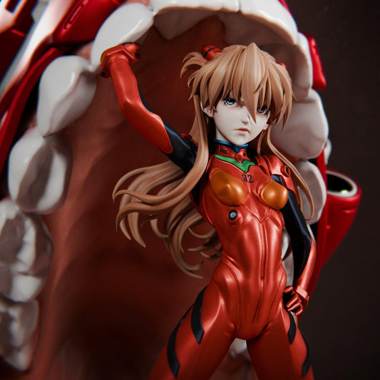 a woman in a red suit standing next to a toothbrush