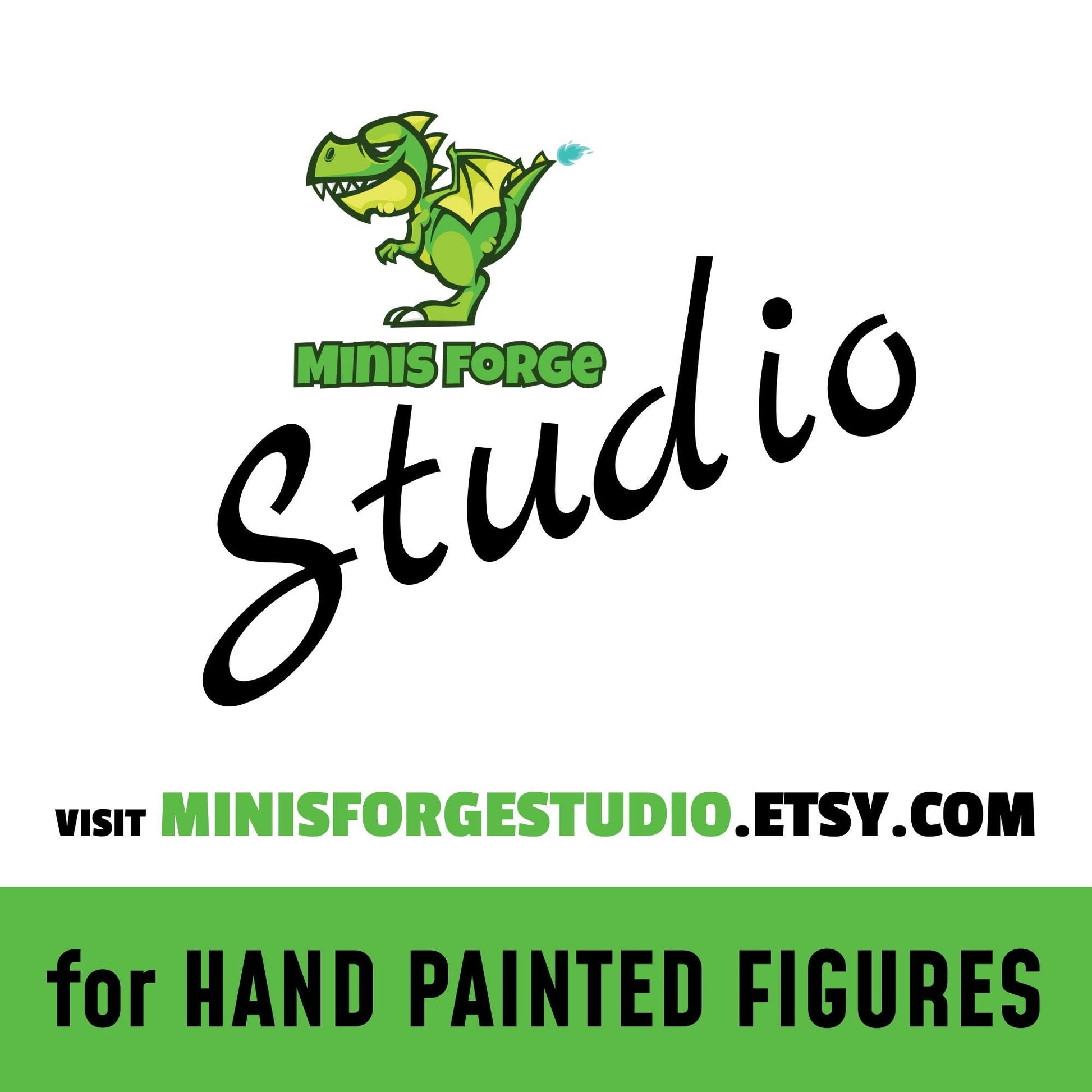 a green and white sign that says mini - force studio for hand painted figures