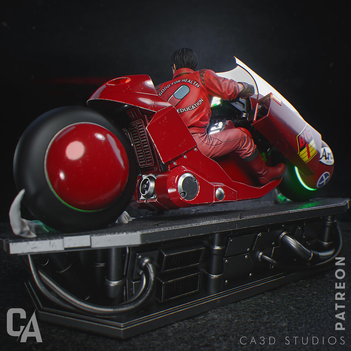a man riding on the back of a red motorcycle
