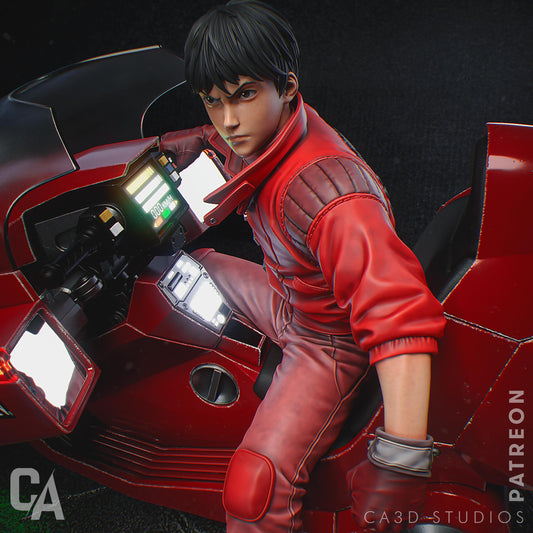 a man sitting on top of a red motorcycle