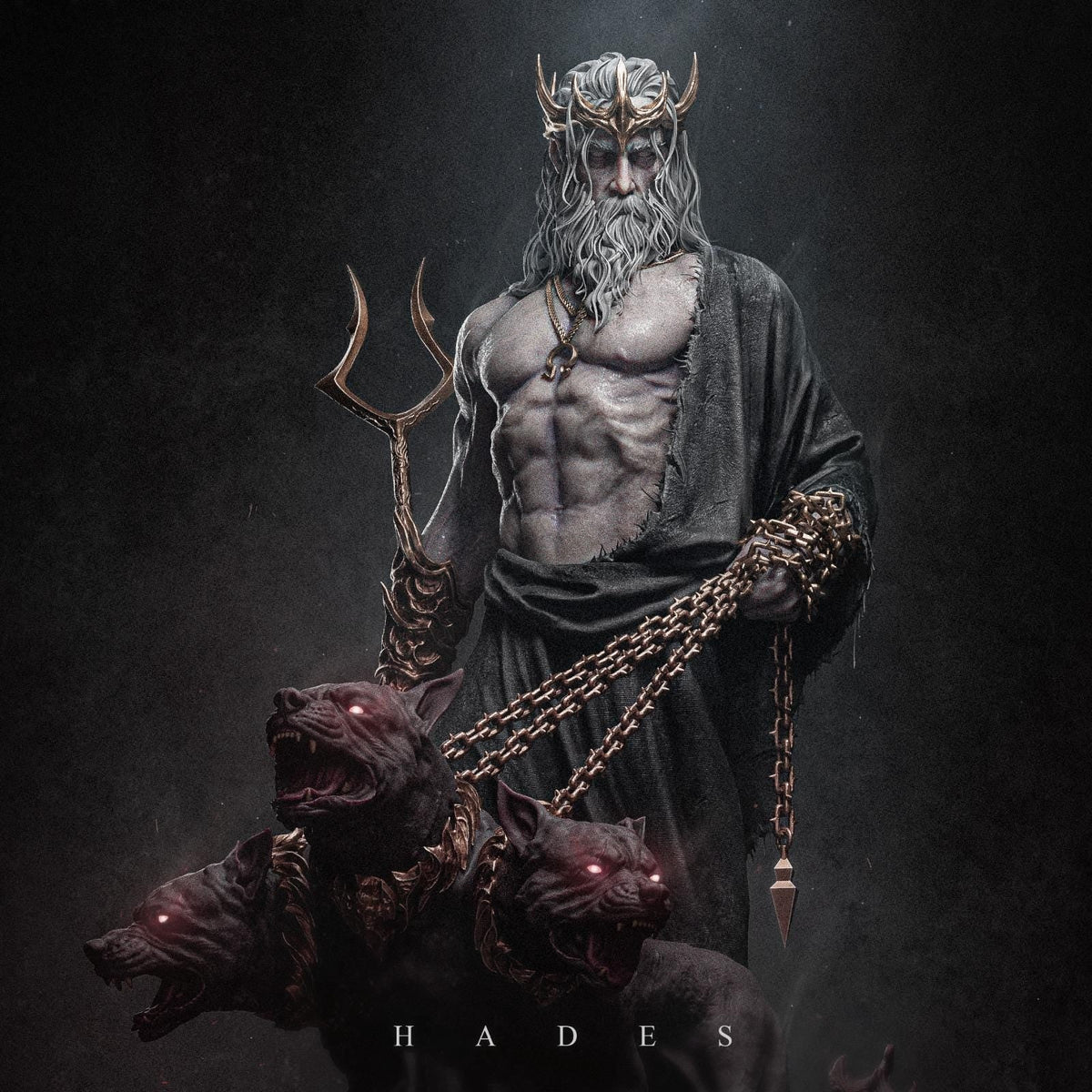 a statue of a man with horns and chains