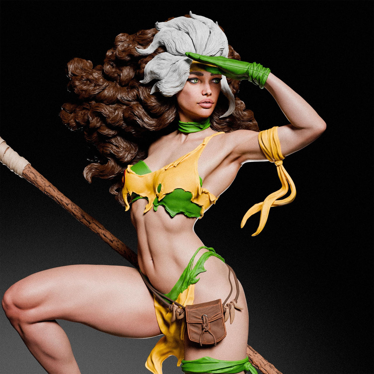 a woman dressed in a costume holding a stick