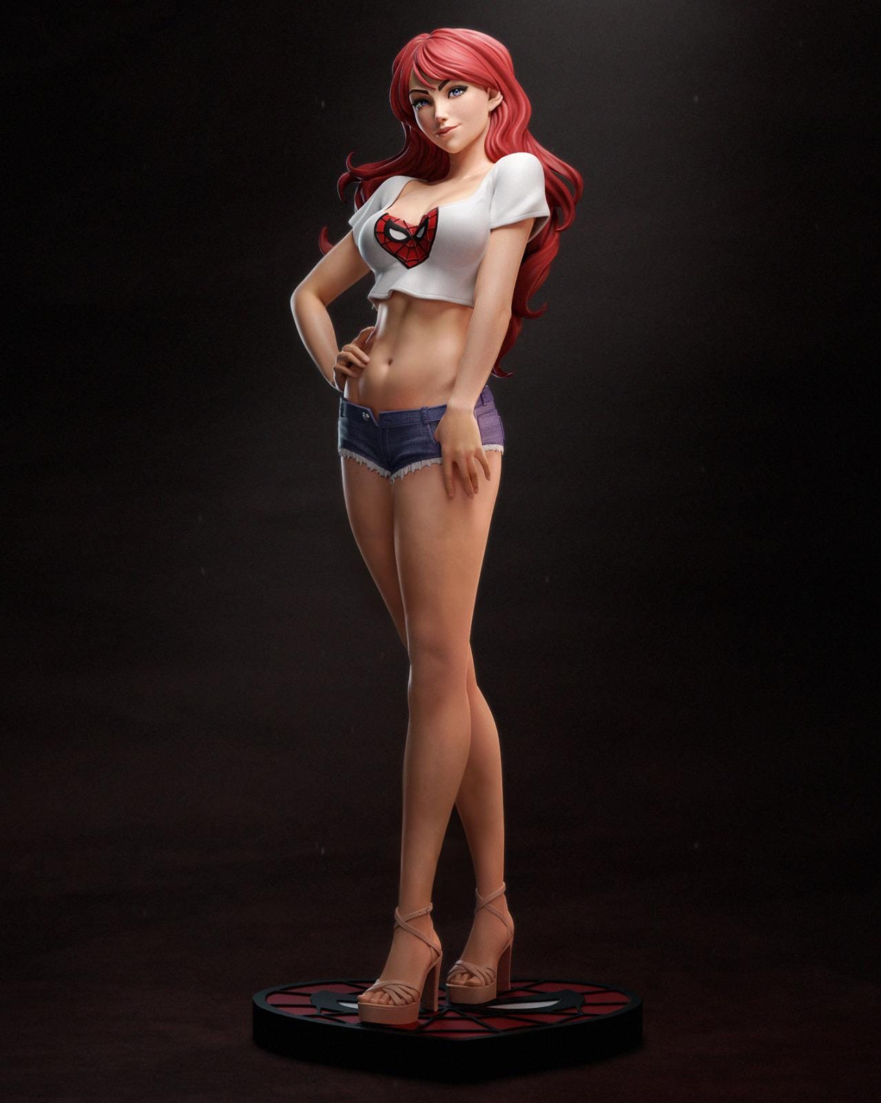a woman with long red hair is standing on a black surface