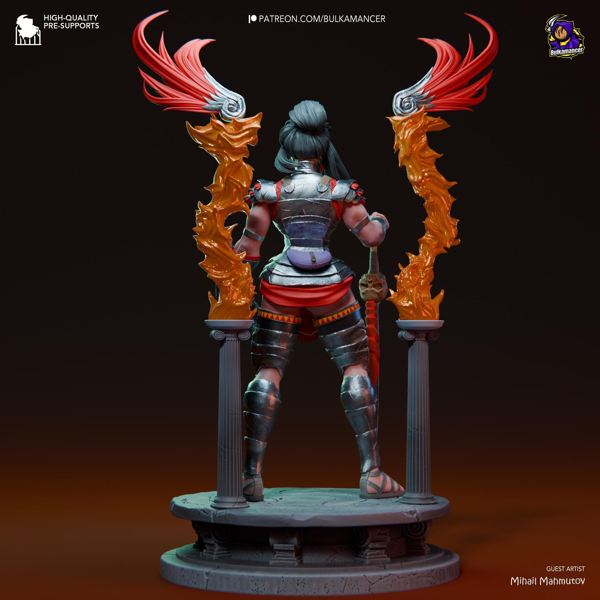 a statue of a woman with red hair and armor