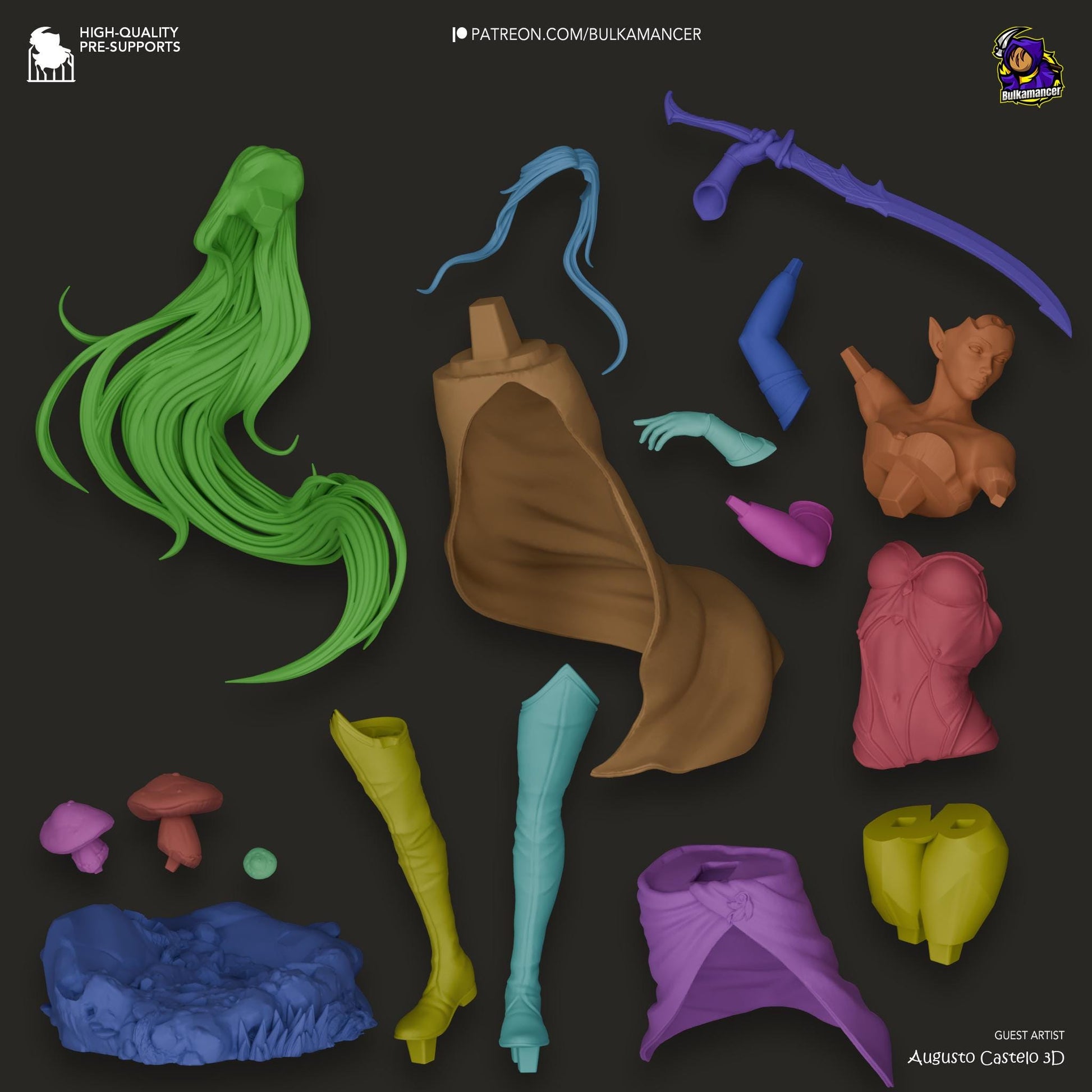 a bunch of different colored plastic items on a black background