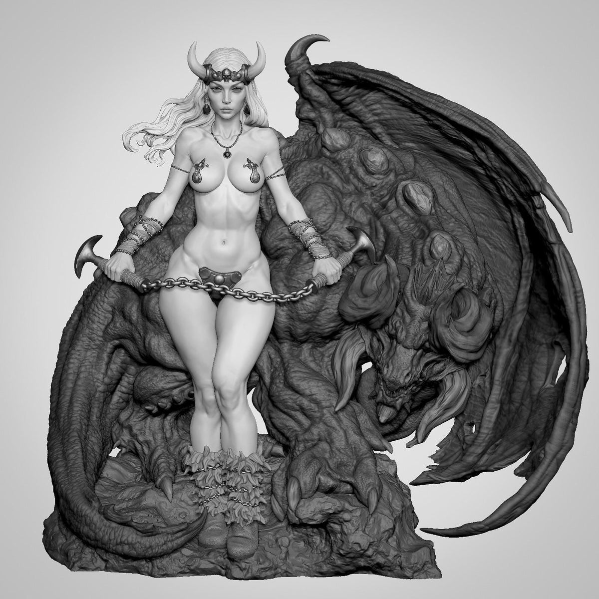 a statue of a woman chained to a dragon