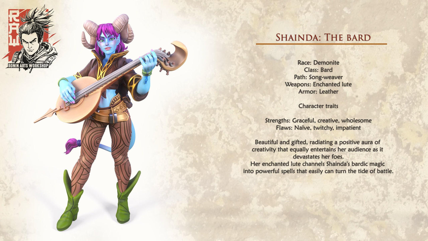 Shainda Tiefling Bard: A Captivating 3D-Printed Miniature for DnD, Pathfinder, and Tabletop Adventures 35 mm