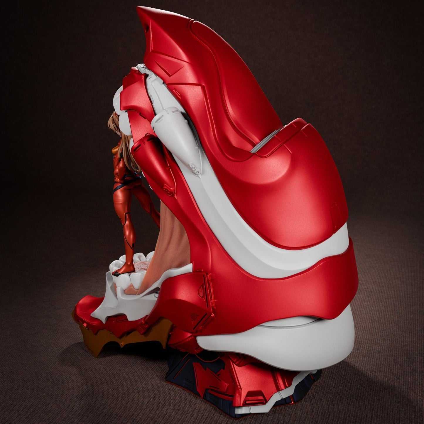a close up of a red and white object on a black background