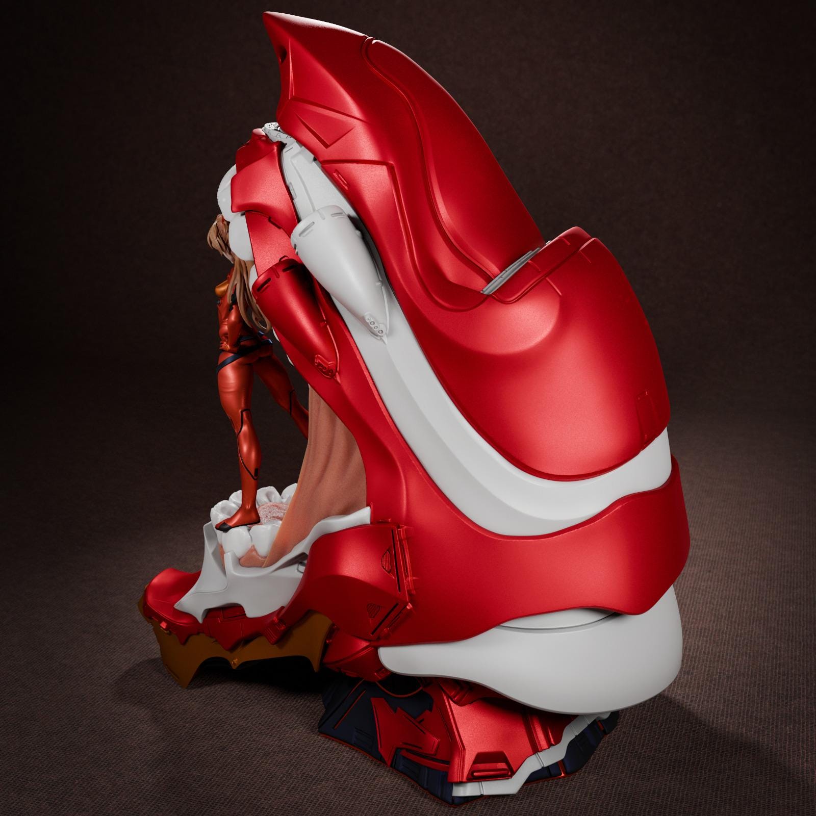 a close up of a red and white object on a black background