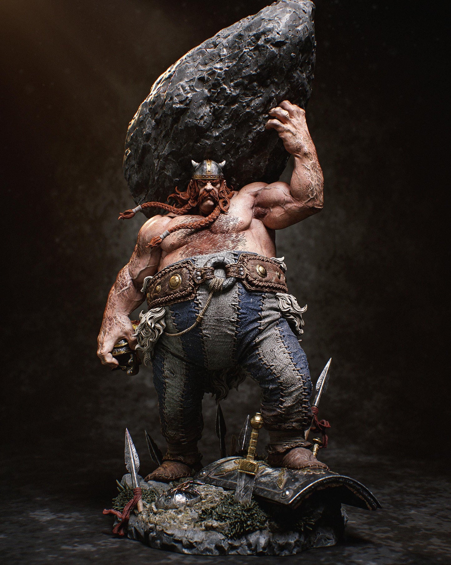 a statue of a man holding a large rock