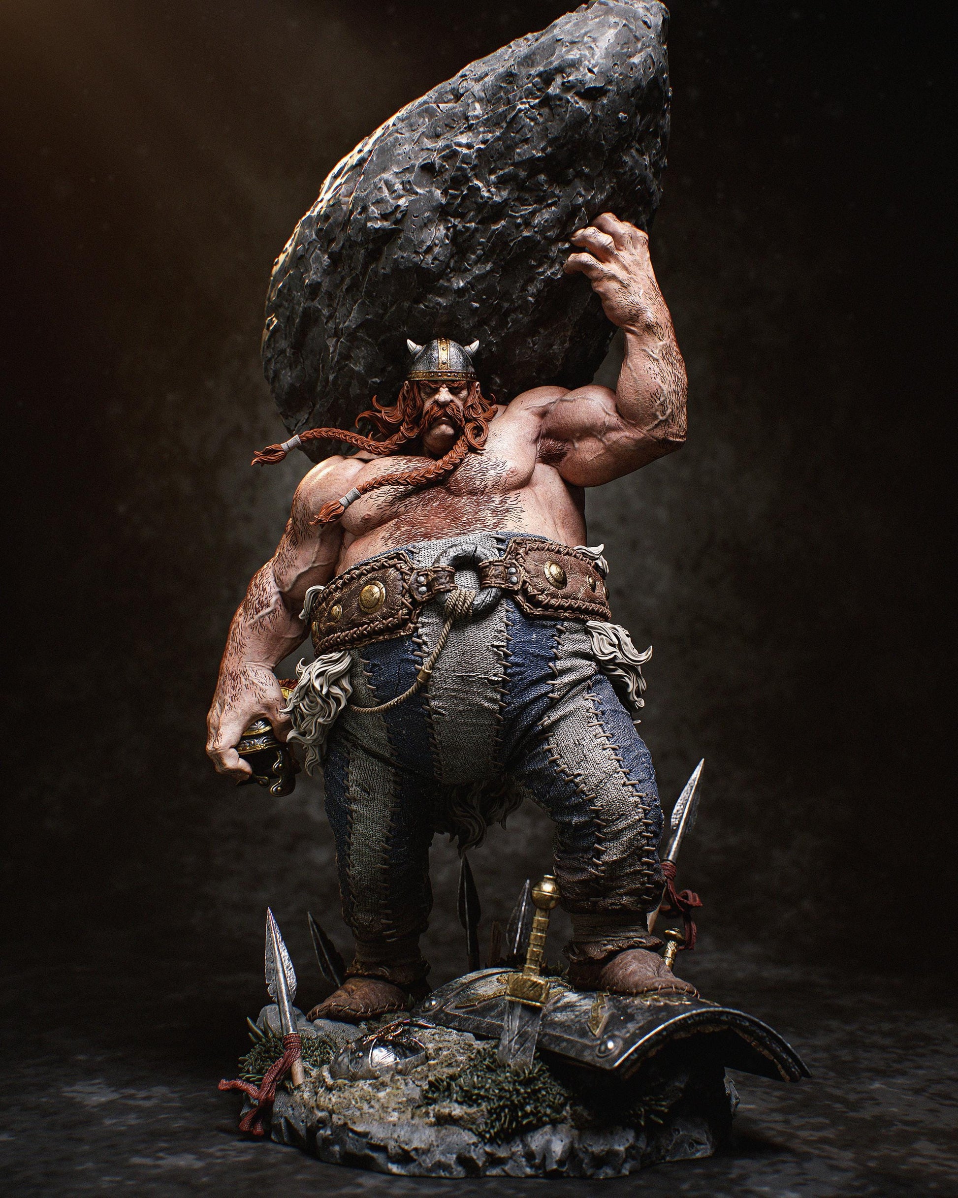 a statue of a man holding a large rock