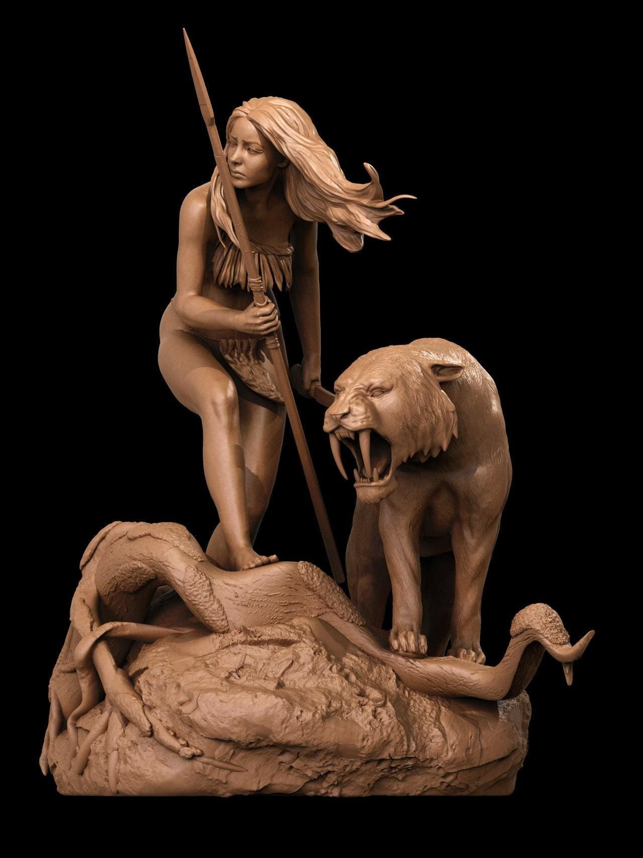 Cave Girl with Sabertooth Resin Statue – Hand-Painted Prehistoric Warrior Collectible Boris Vallejo