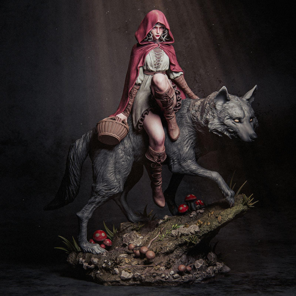 a statue of a woman riding on the back of a wolf