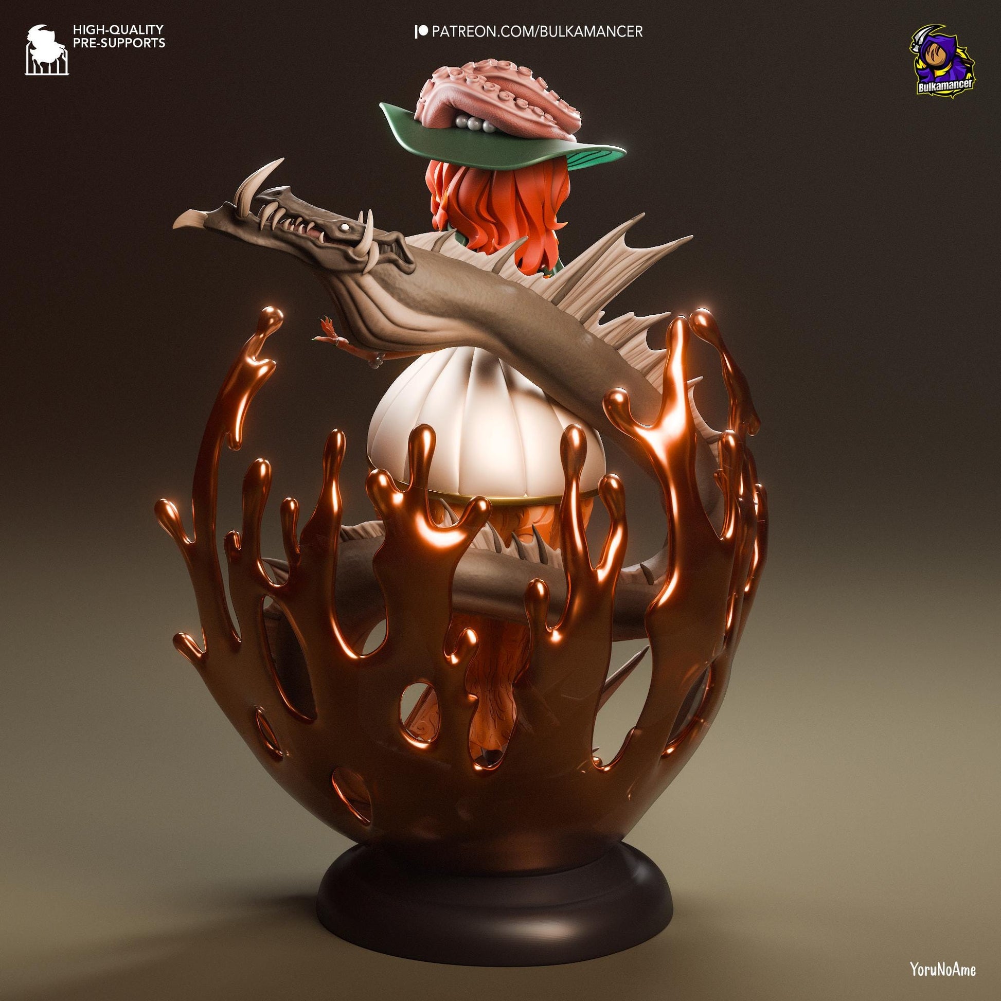 a sculpture of a woman with a hat on top of a mushroom