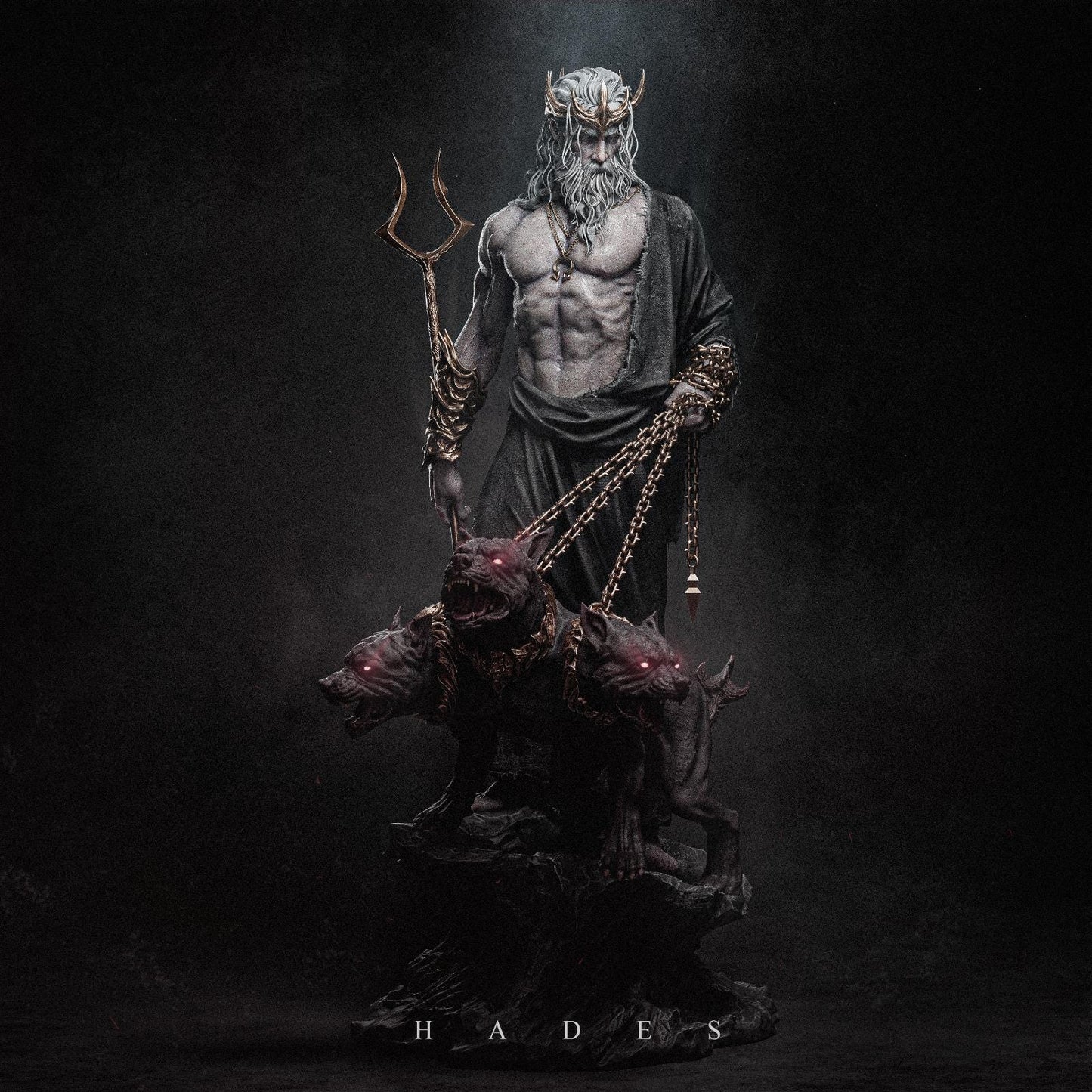 a statue of a man with horns and chains