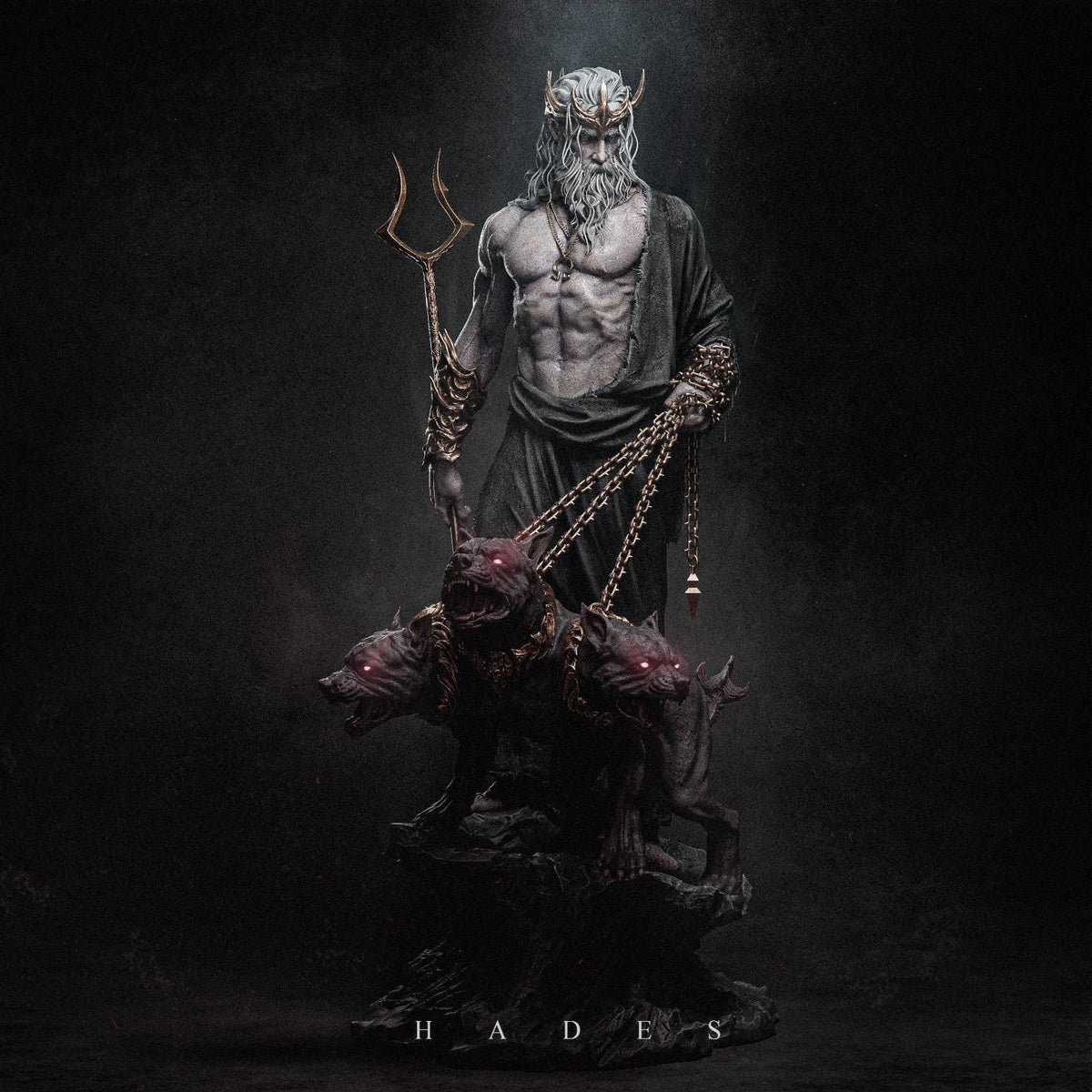 a statue of a man with horns and chains