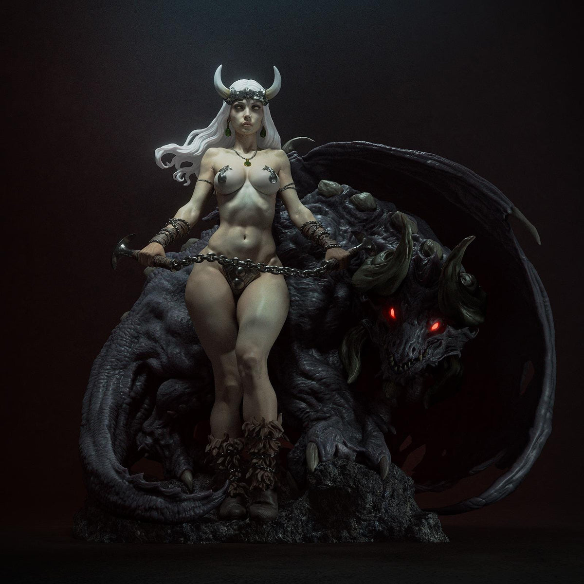 a statue of a woman sitting on top of a dragon