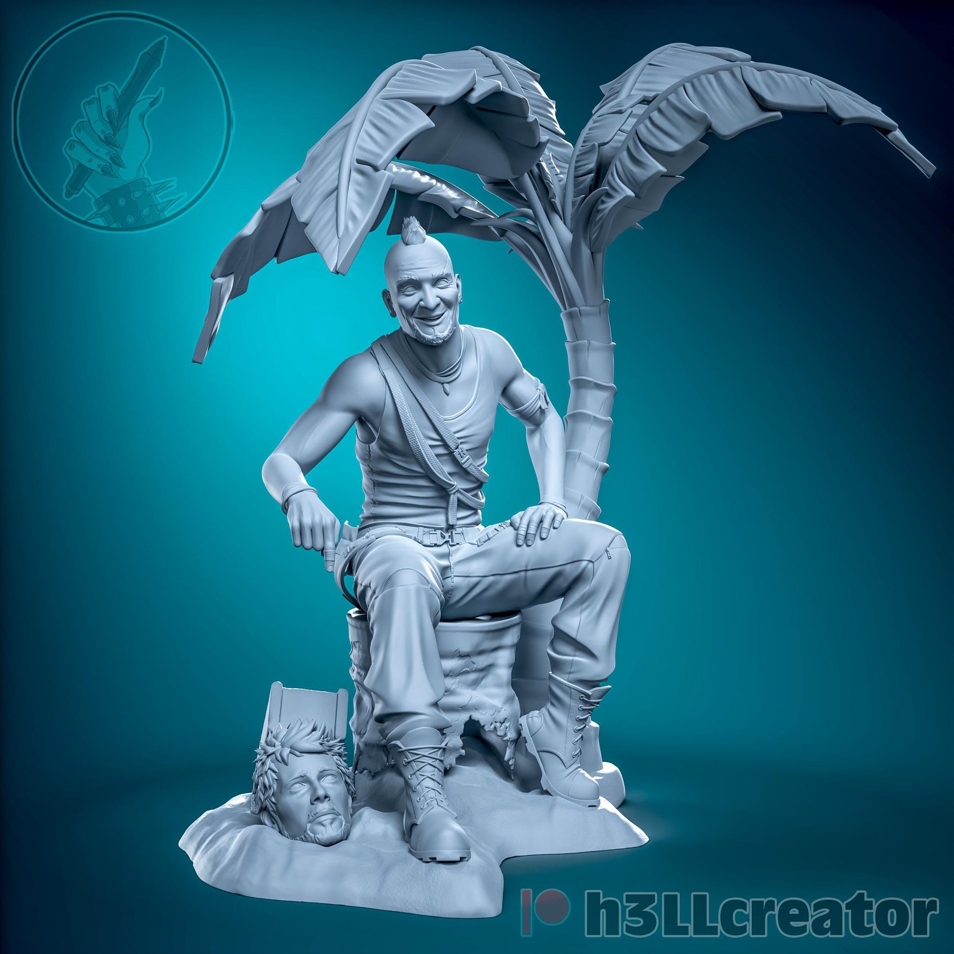a statue of a man sitting next to a palm tree