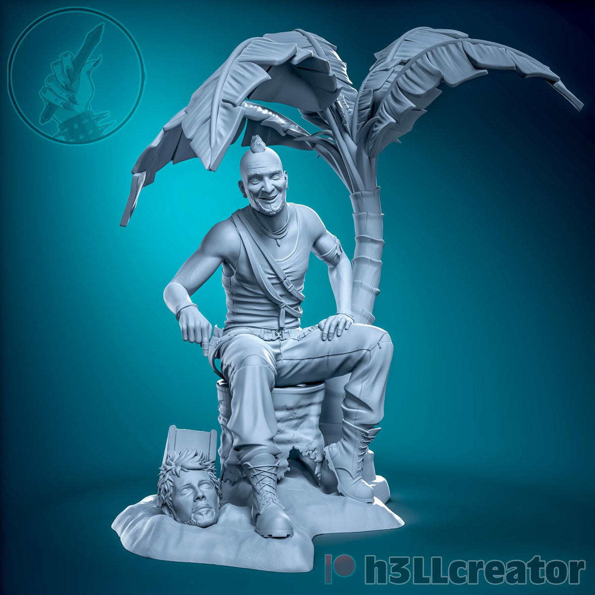a statue of a man sitting next to a palm tree