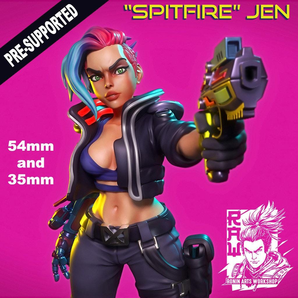 Spitfire Jen, 35 mm, 54 mm, 3D Printed miniature, cyberpunk model, cyberpunk 3d model, cyberpunk miniature, wargame miniature, sci-fi