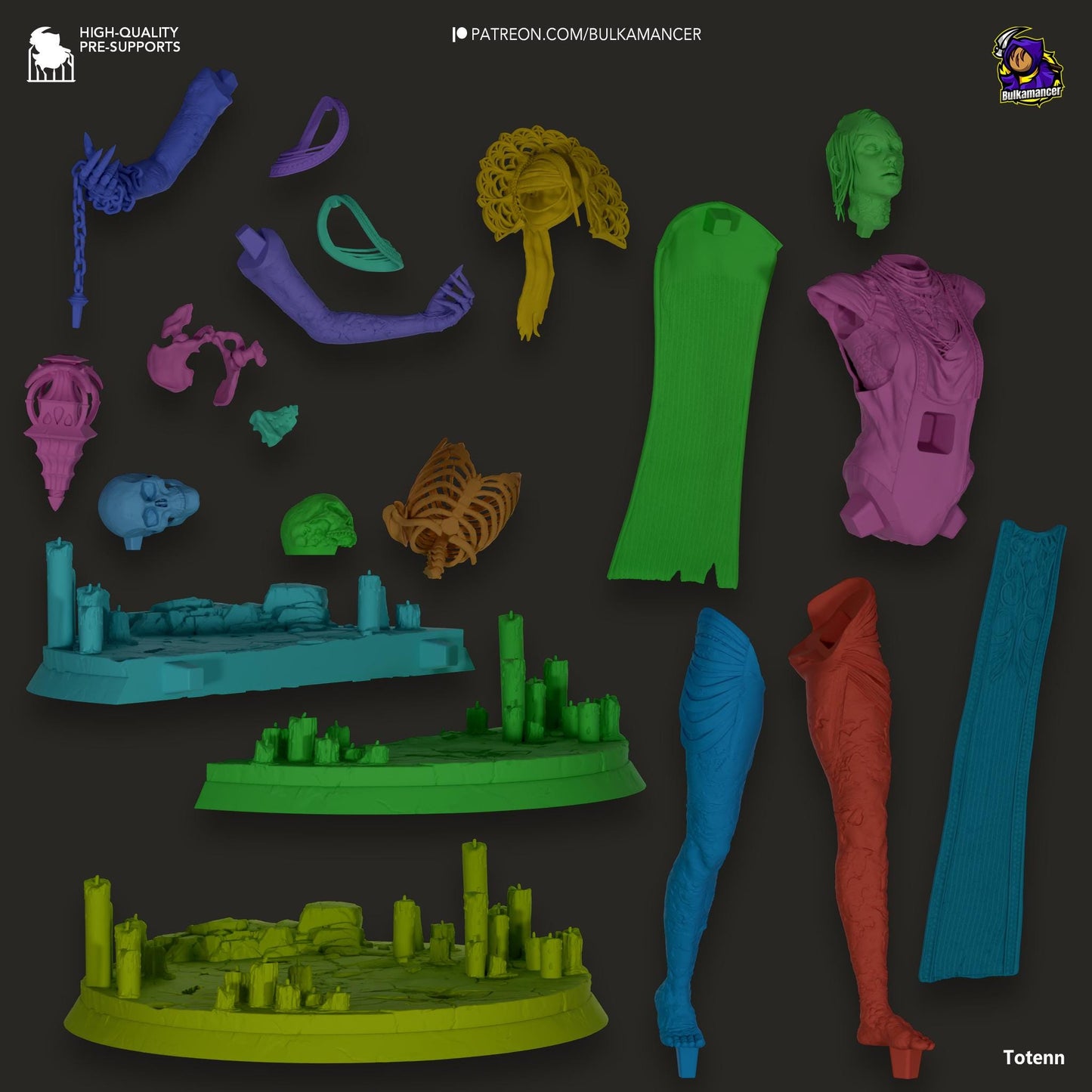 a group of different colored plastic objects on a black background