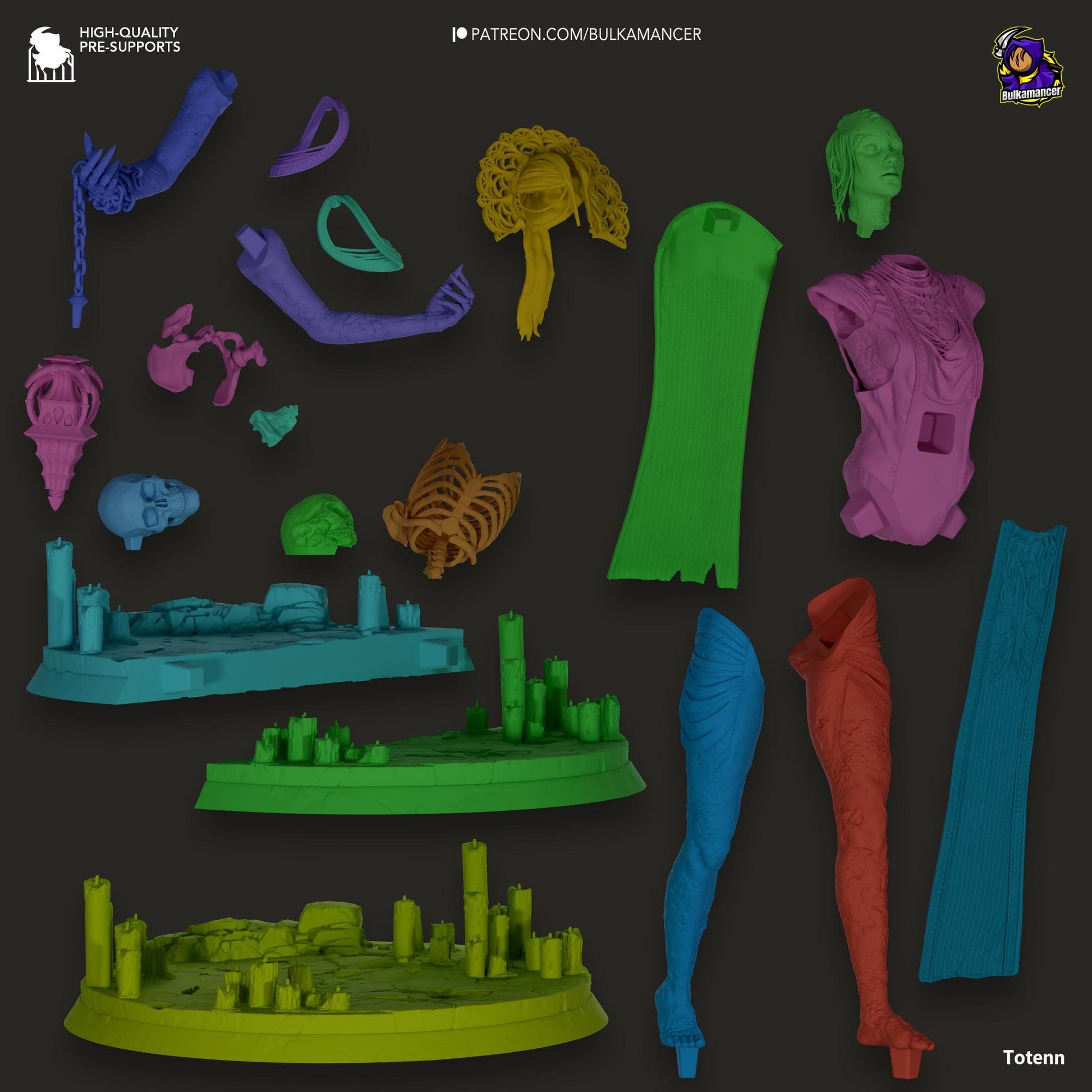 a group of different colored plastic objects on a black background