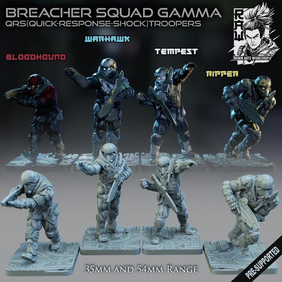 Breacher Squad Gamma, 35 mm, 54 mm, 3D Printed miniature, cyberpunk model, cyberpunk 3d model