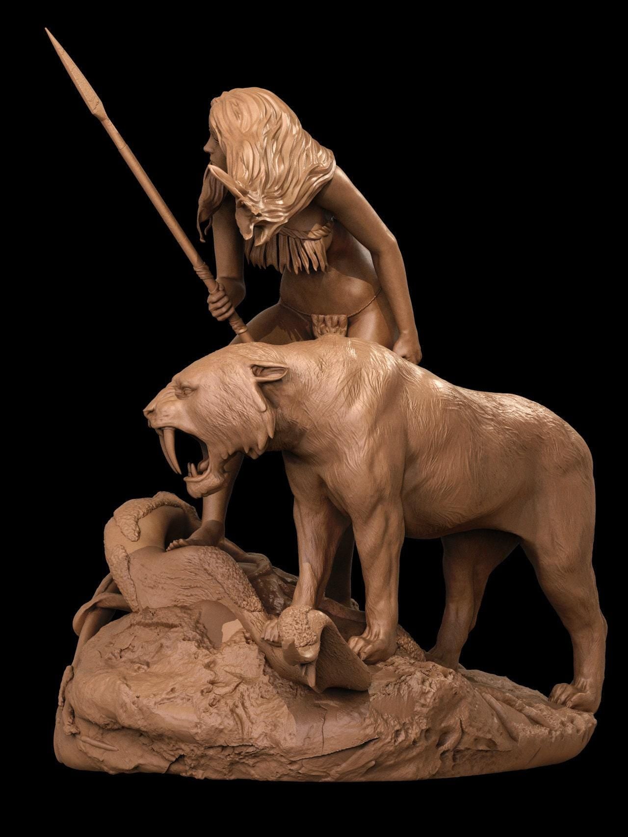 Cave Girl with Sabertooth Resin Statue – Hand-Painted Prehistoric Warrior Collectible Boris Vallejo