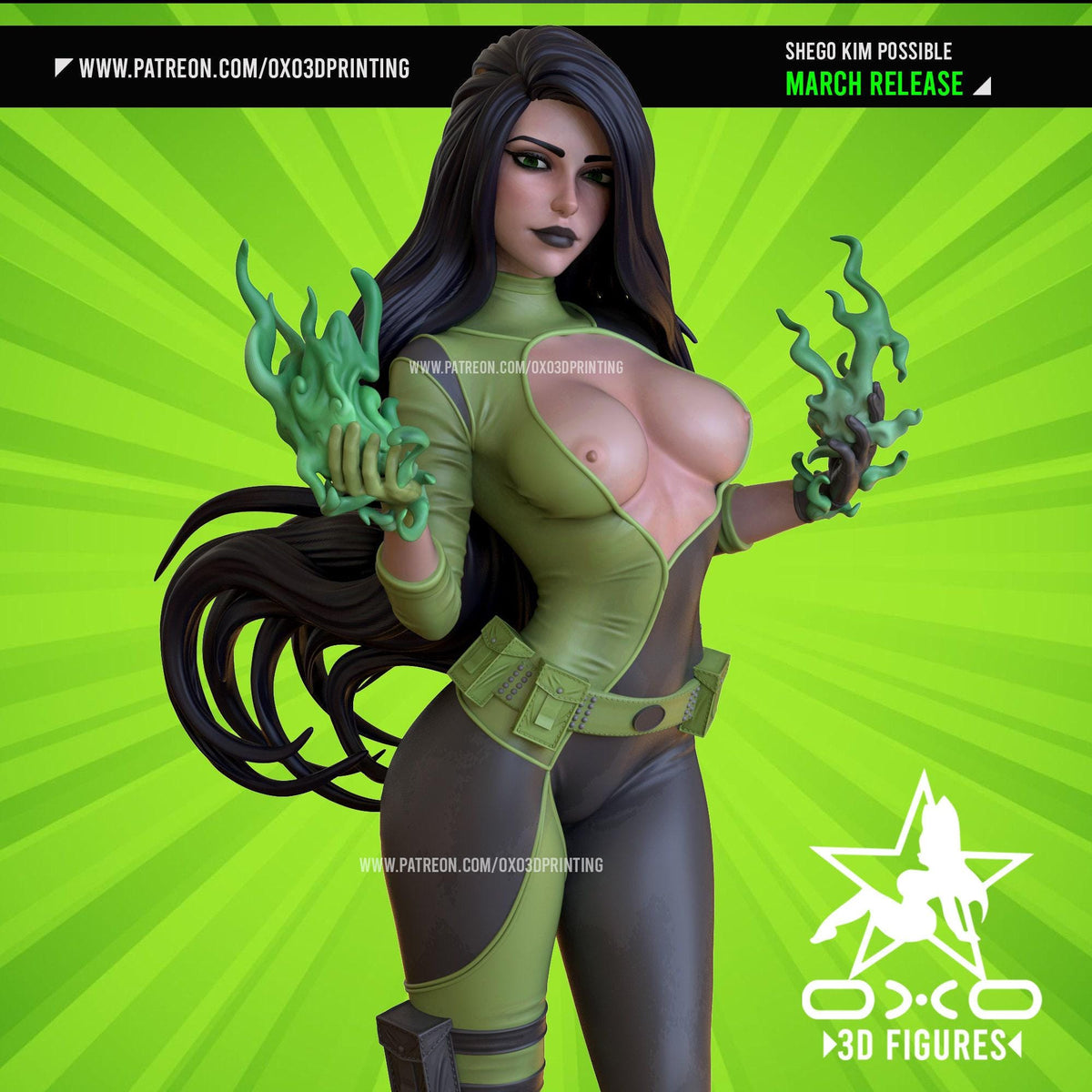 Shego NSFW 3D Printed Statue – Mature Energy Blast Villainess Resin Collectible, Made to Order for Adult Collectors