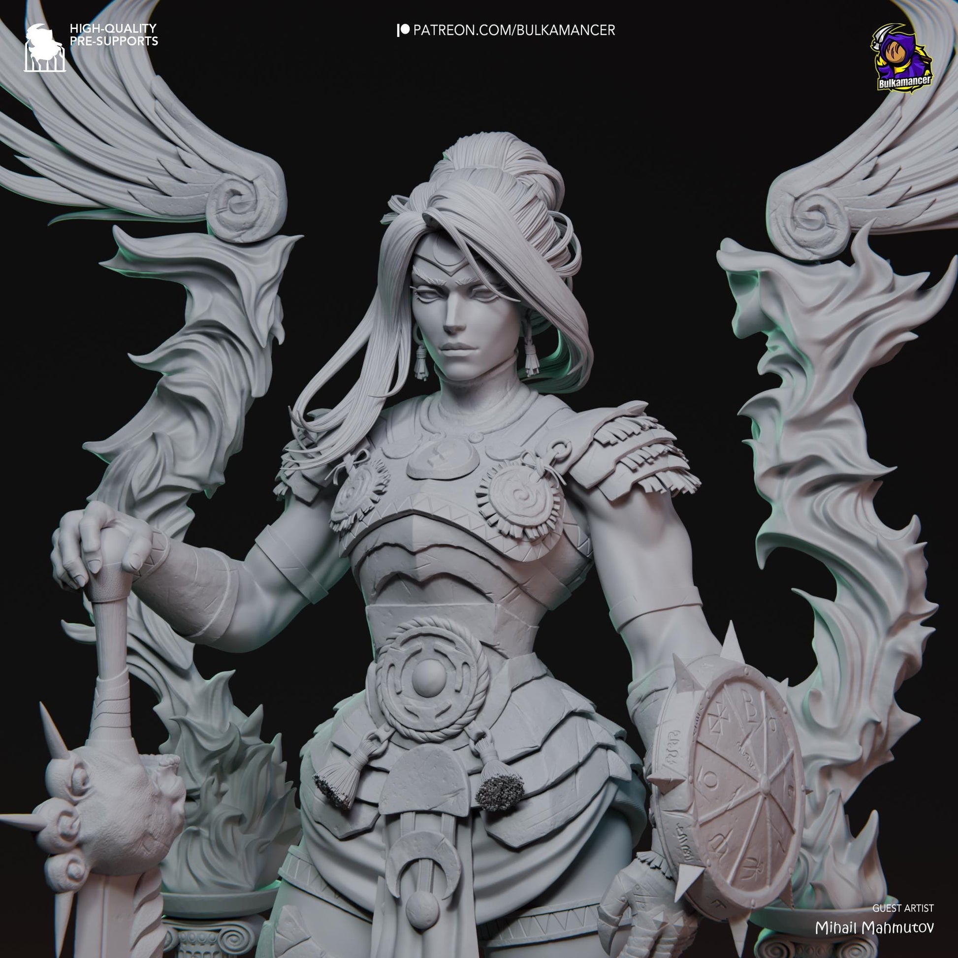 a statue of a woman holding a sword and a shield