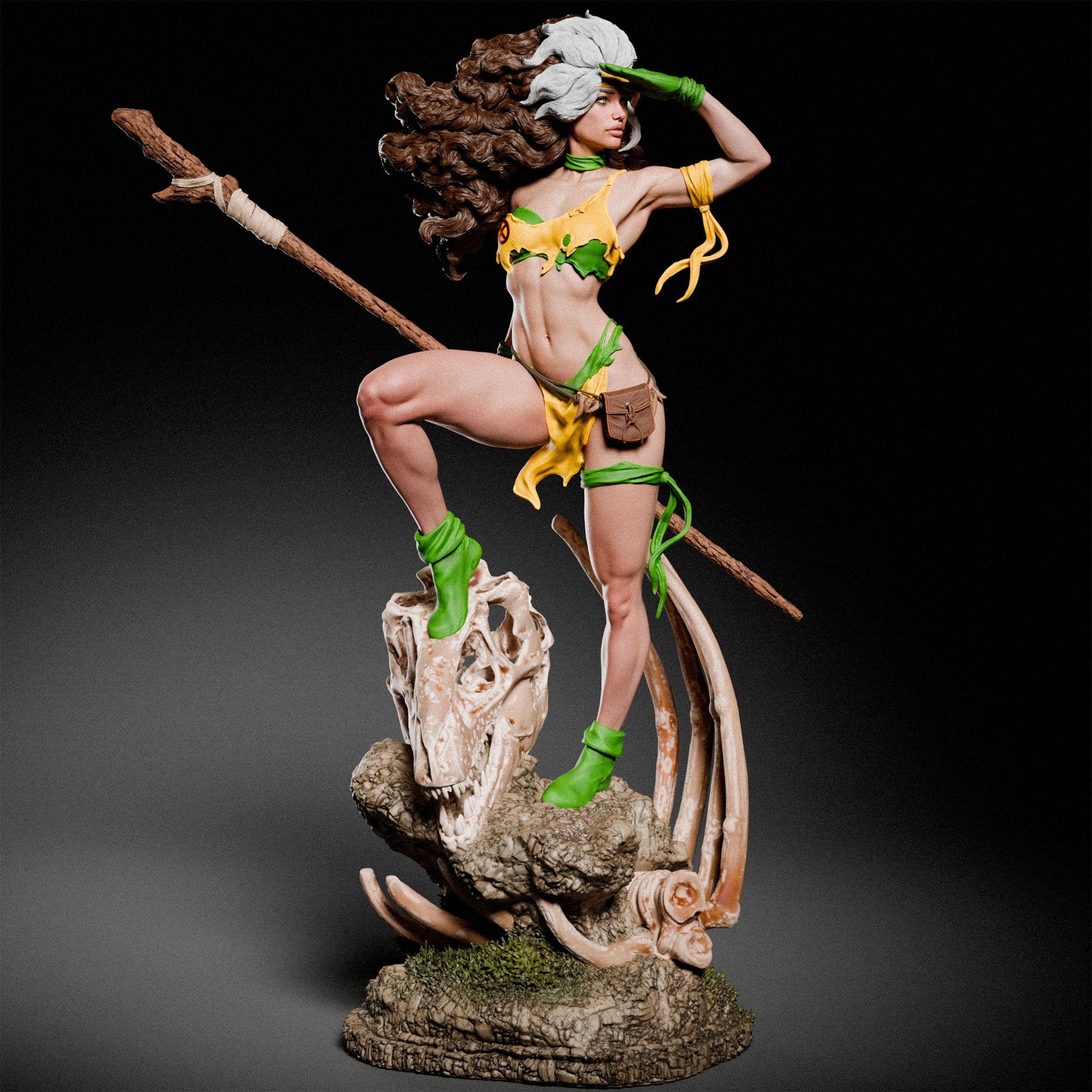 a statue of a woman with a spear on a rock