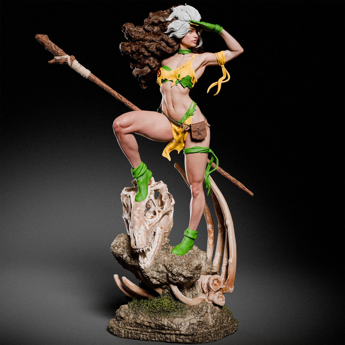 a statue of a woman with a spear on a rock