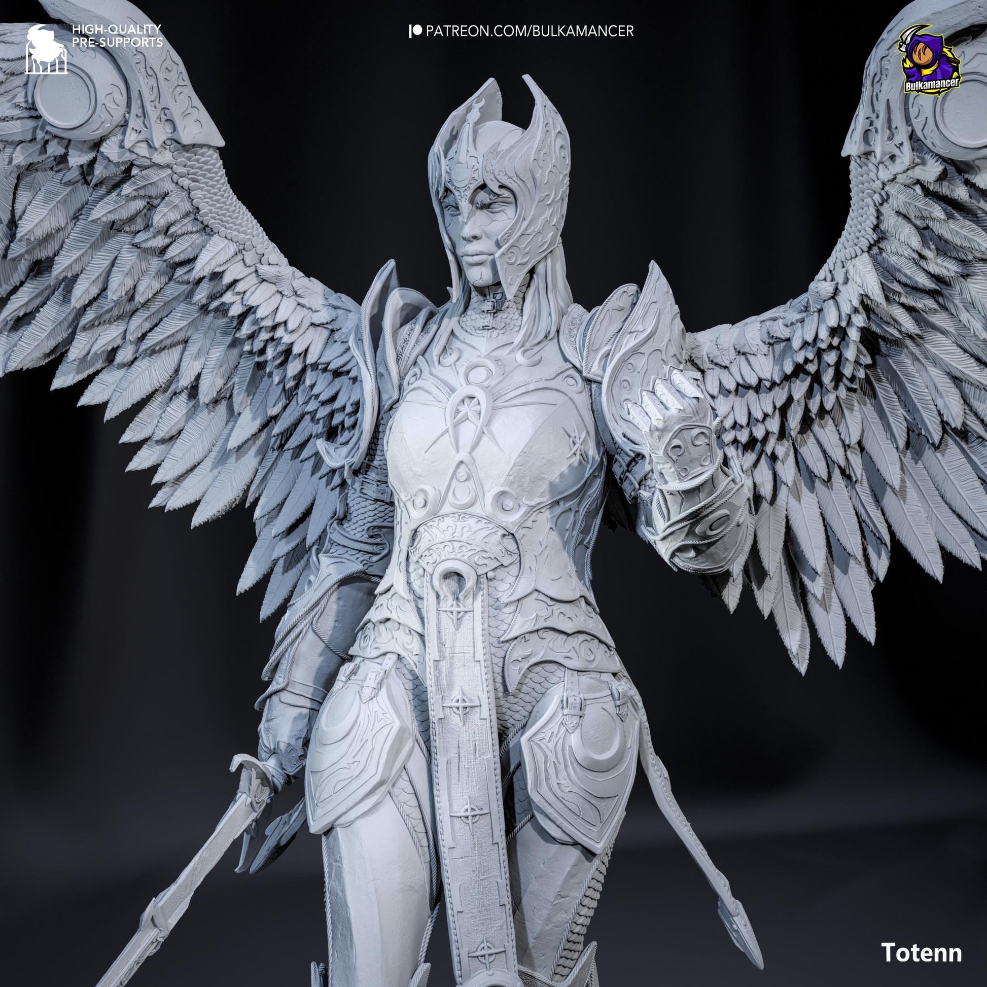 a statue of a woman with wings and a sword