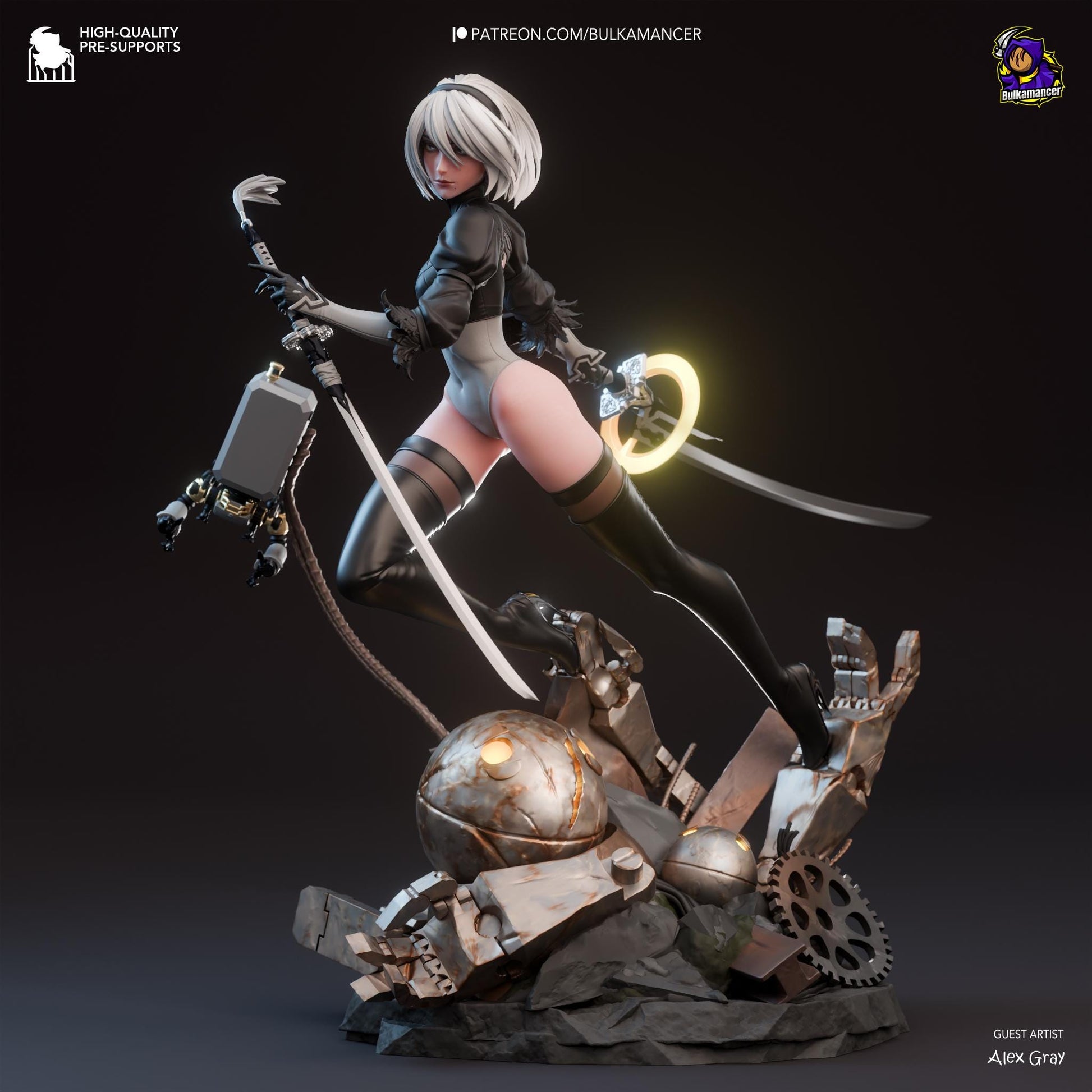 a statue of a woman with a sword on top of a pile of junk