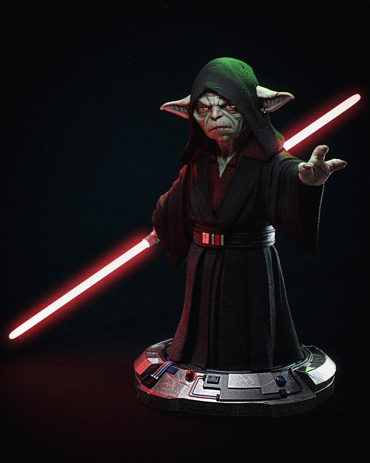 a star wars yoda action figure on a black background