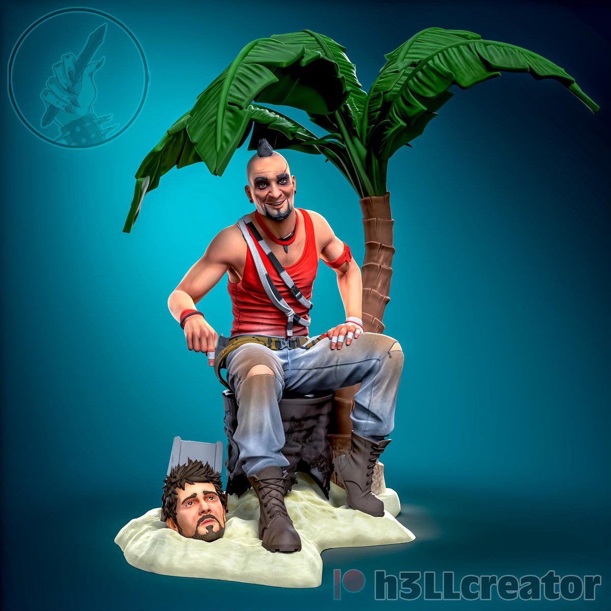 a digital painting of a man sitting next to a palm tree