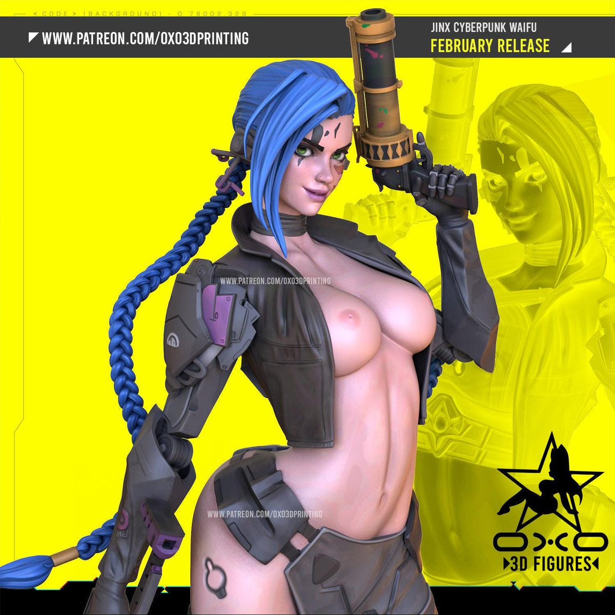 Cyberpunk Jinx NSFW 3D Printed Statue – Mature Crossover Champion Resin Collectible, Made to Order for Adult Collectors