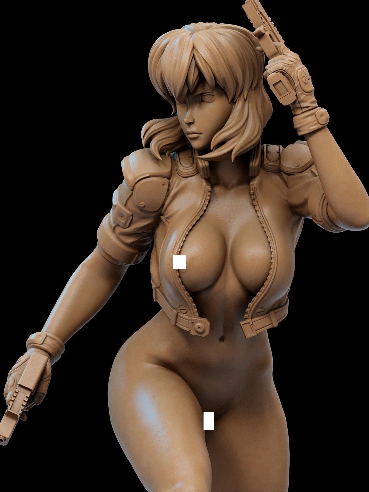 a nude woman with a gun in her hand