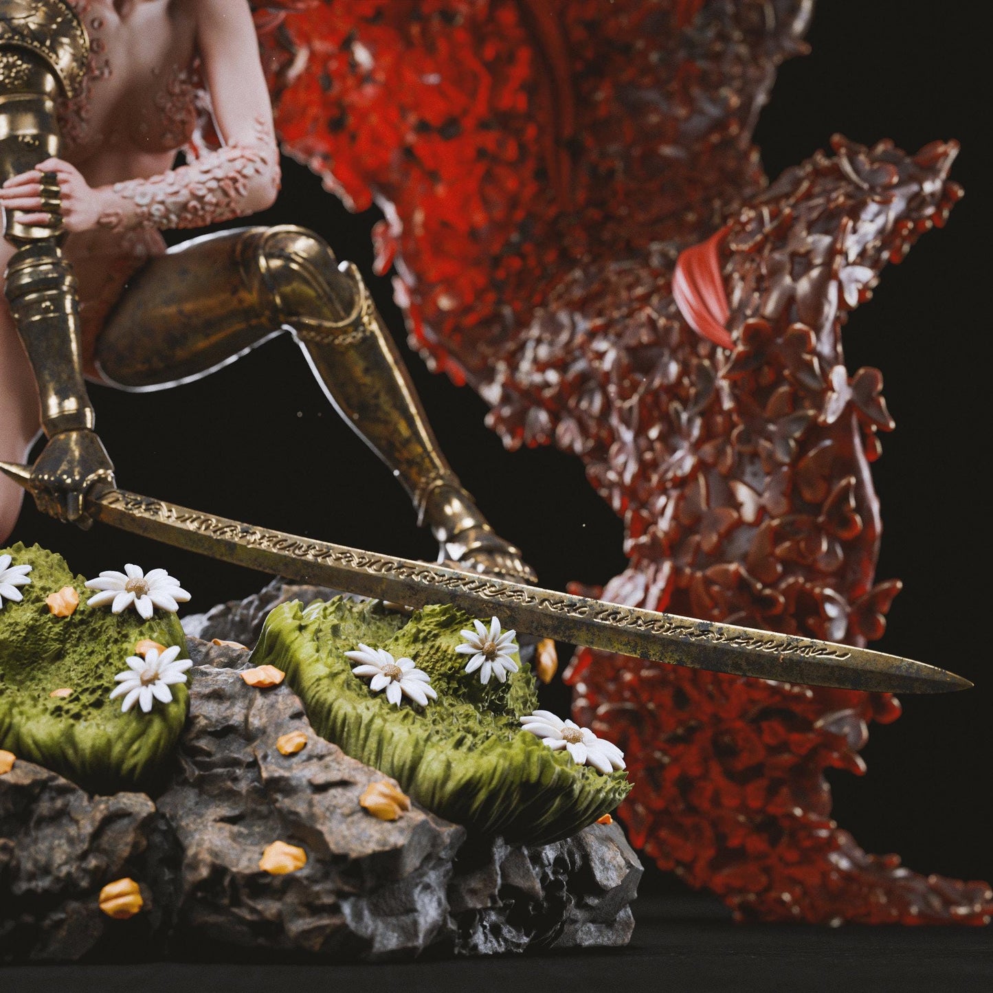 a woman sitting on a rock with a sword in her hand