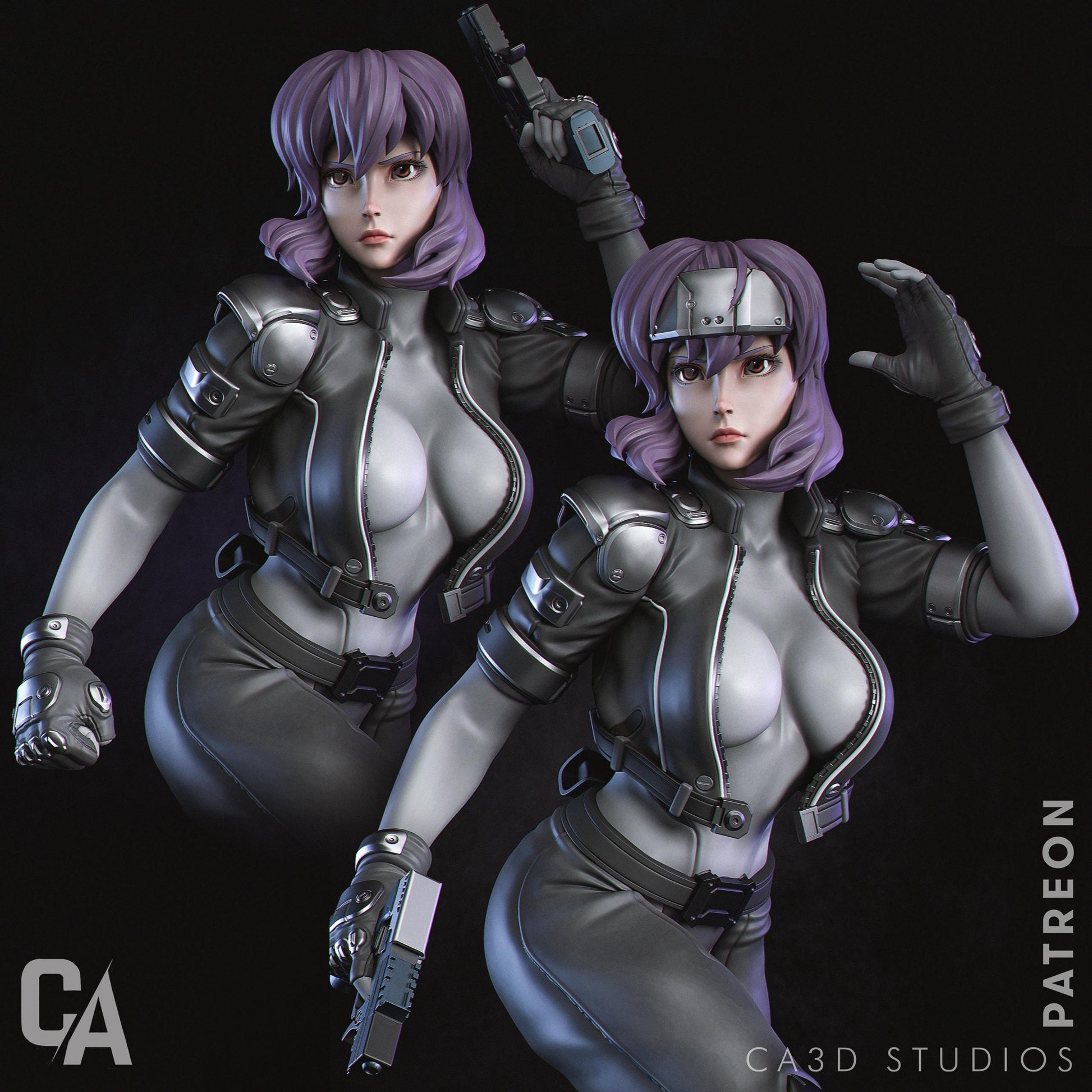 two women dressed in futuristic garb holding guns