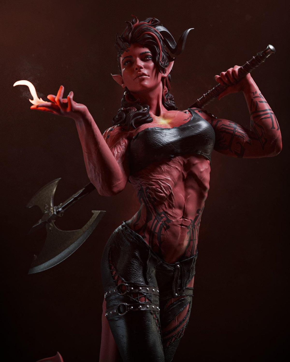a woman in a leather outfit holding a hammer and a pair of scissors
