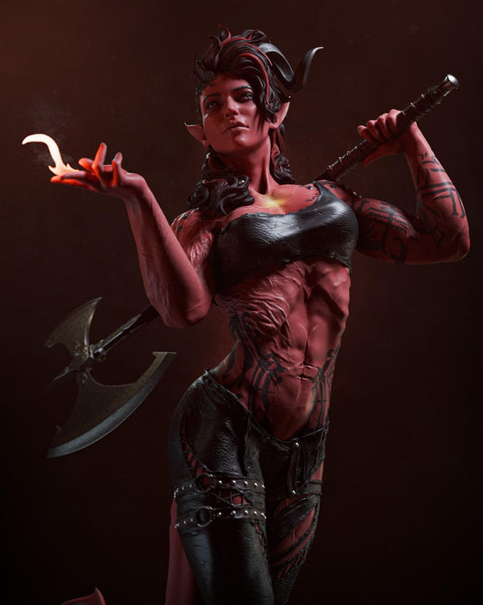 a woman in a leather outfit holding a hammer and a pair of scissors
