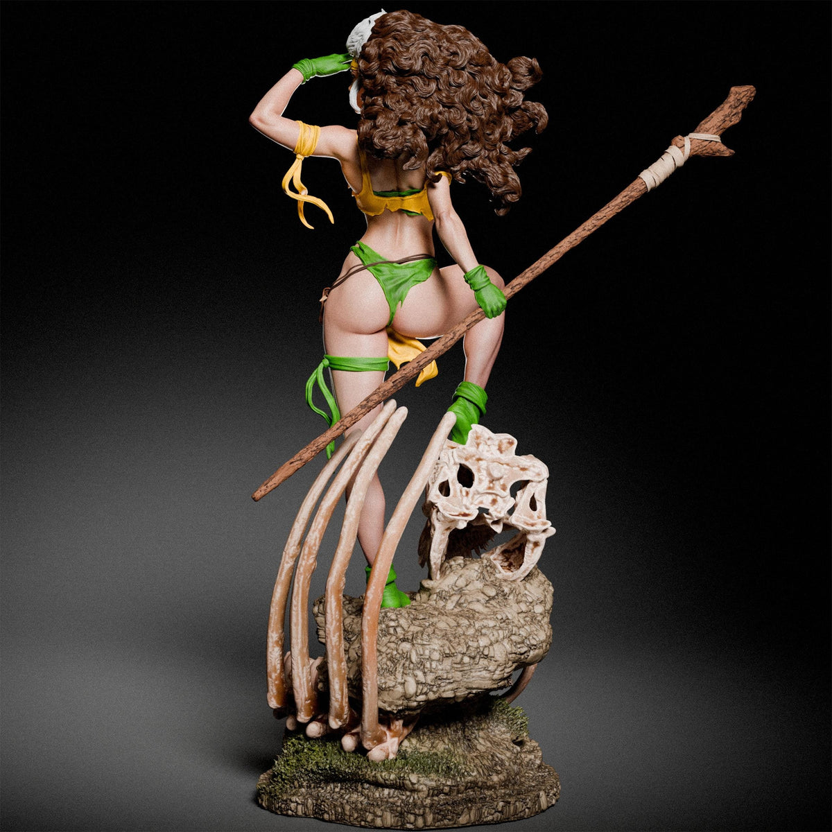 a statue of a woman in a bikini holding a stick
